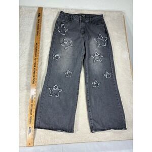 Hot Topic Black Star Applique Wide Leg Baggy Jeans XL Distressed Grunge 32285255